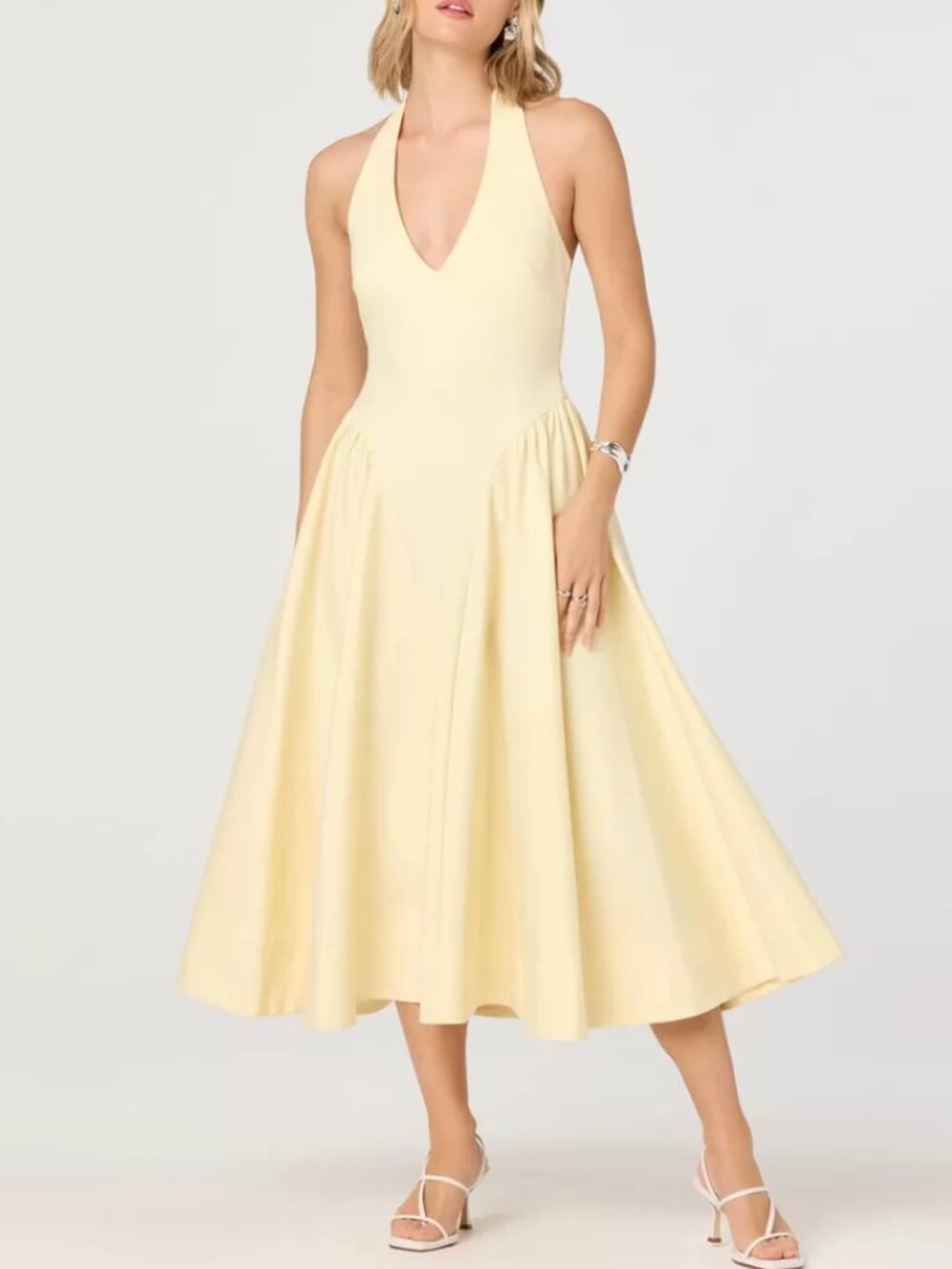 NWT ASTR The Label Meana Midi Dress XS/S/M Lemon Halter Plunge Drop-Waist - Picture 2 of 5